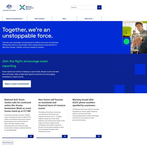 View of the National Anti-Scam Centre website homepage