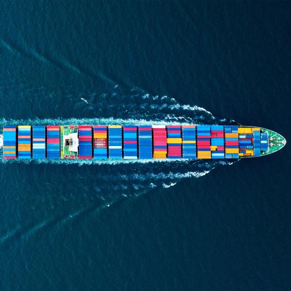 Overhead view of a container ship at sea