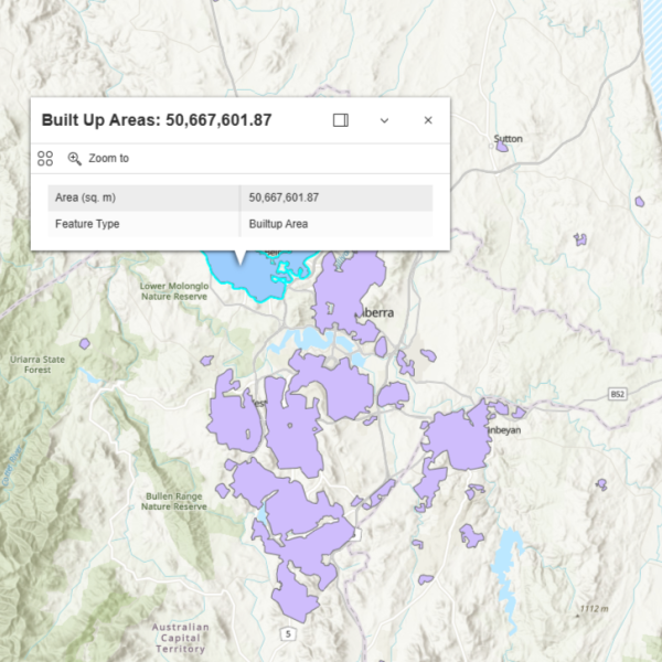 Map of South-east NSW and the ACT, showing an overlay of building and settlements in the region